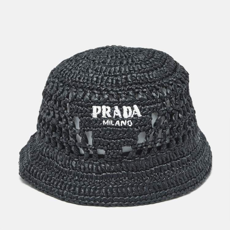 Pre Owned Prada Black Logo Crochet Raffia Bucket Hat M
