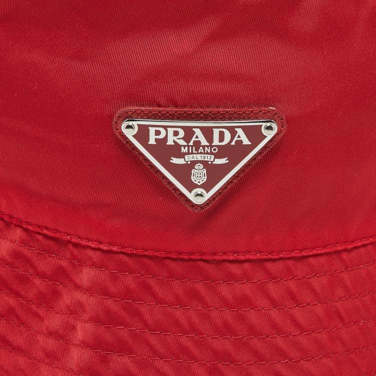 Pre Owned Prada Red Nylon Logo Triangle Plaque Bucket Hat S