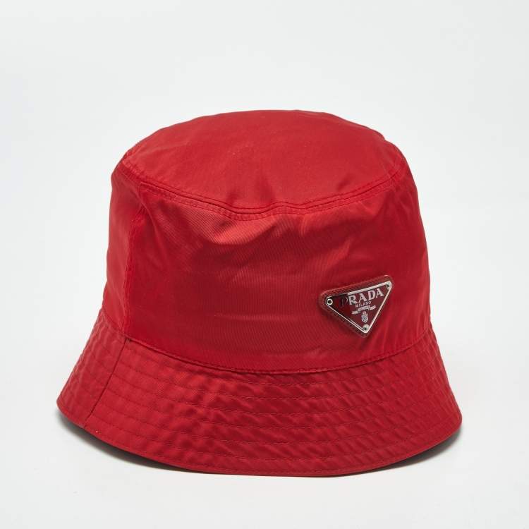 Pre Owned Prada Red Nylon Logo Triangle Plaque Bucket Hat S