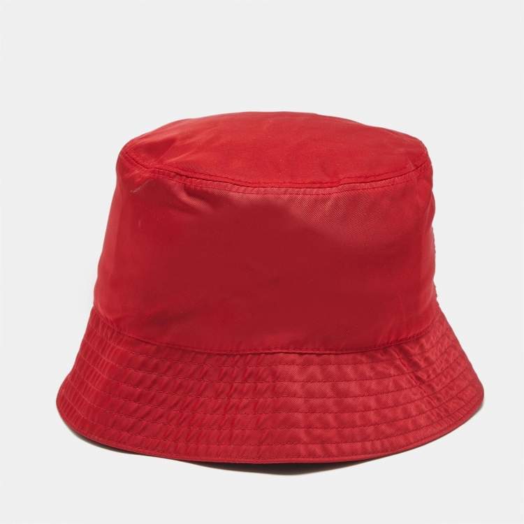 Pre Owned Prada Red Nylon Logo Triangle Plaque Bucket Hat S