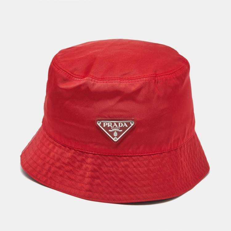 Pre Owned Prada Red Nylon Logo Triangle Plaque Bucket Hat S