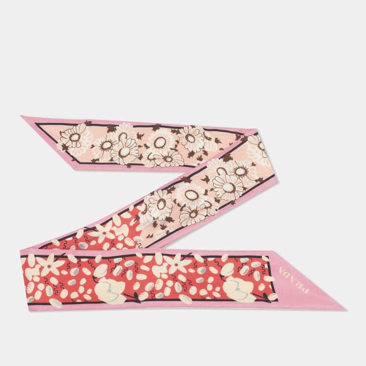 Pre Owned Prada Red/Pink Floral Print Silk Bandeau Scarf
