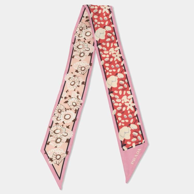 Pre Owned Prada Red/Pink Floral Print Silk Bandeau Scarf
