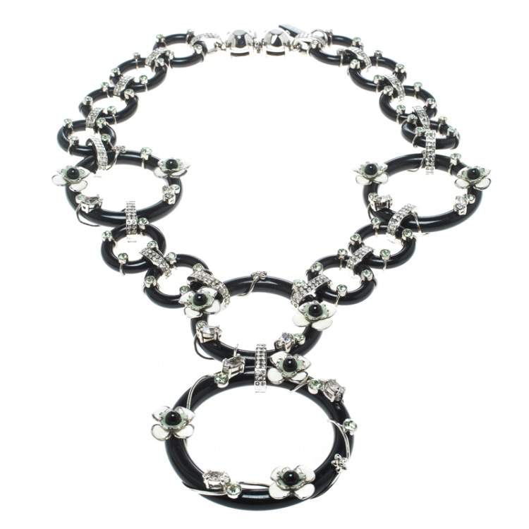 Pre Owned Prada Flower Power Black Plexiglas Crystal Floral Bedecked Link Necklace