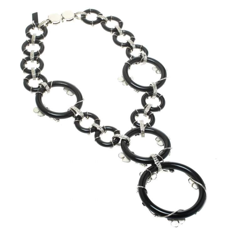 Pre Owned Prada Flower Power Black Plexiglas Crystal Floral Bedecked Link Necklace