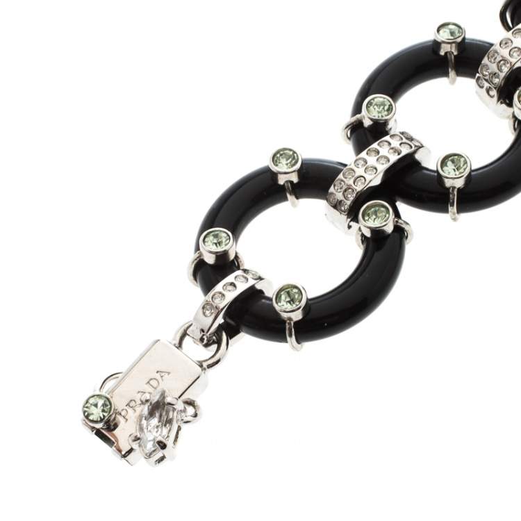 Pre Owned Prada Flower Power Black Plexiglas Crystal Floral Bedecked Link Bracelet