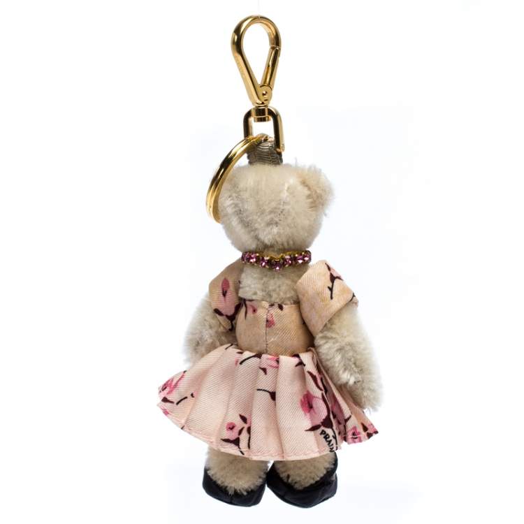Pre Owned Prada White/Pink Fur and Fabric Mary Rose Bag Charm 
