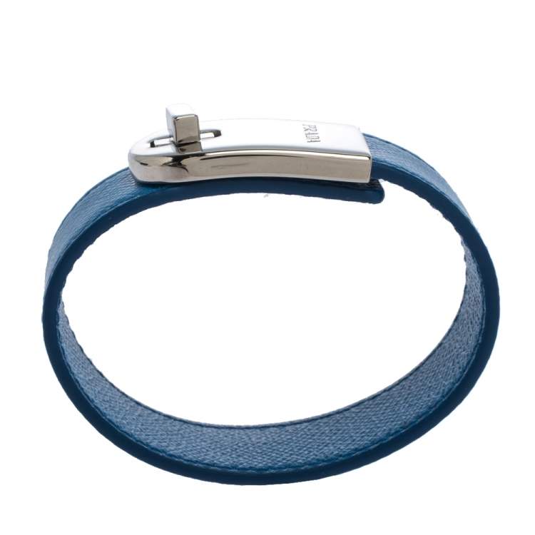 Pre Owned Prada Blue Leather Silver Tone Turn-Lock Bracelet M