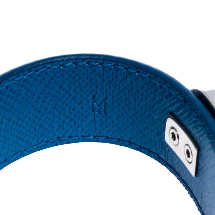 Pre Owned Prada Blue Leather Silver Tone Turn-Lock Bracelet M