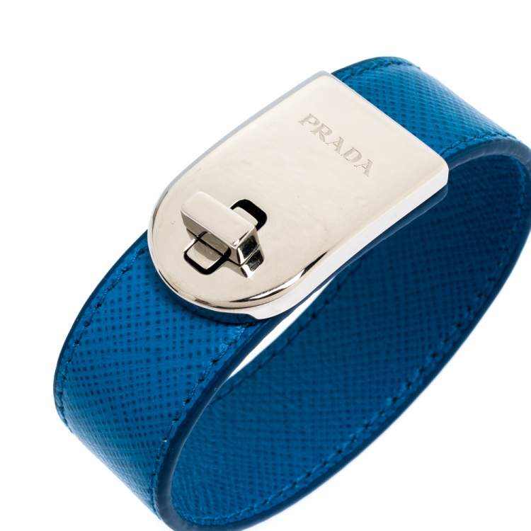Pre Owned Prada Blue Leather Silver Tone Turn-Lock Bracelet M