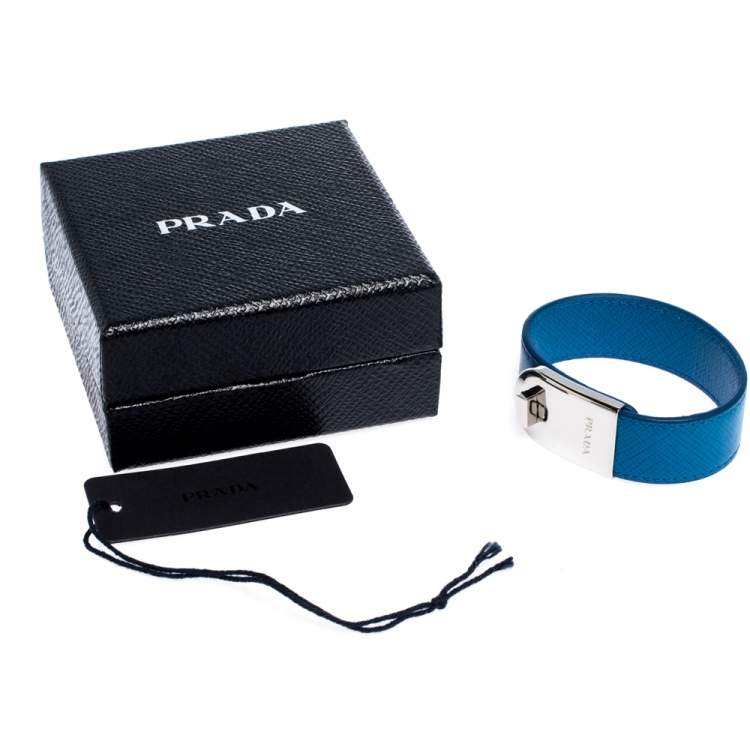 Pre Owned Prada Blue Leather Silver Tone Turn-Lock Bracelet M