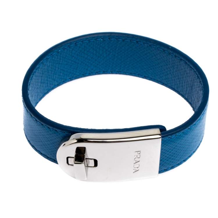 Pre Owned Prada Blue Leather Silver Tone Turn-Lock Bracelet M