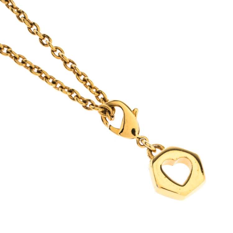 Pre Owned Prada Heart Charm Gold Tone Chain Link Long Necklace
