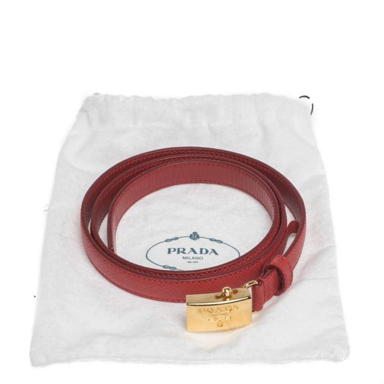 Pre Owned Prada Red Saffiano Leather Logo Plaque Slim Belt 80CM