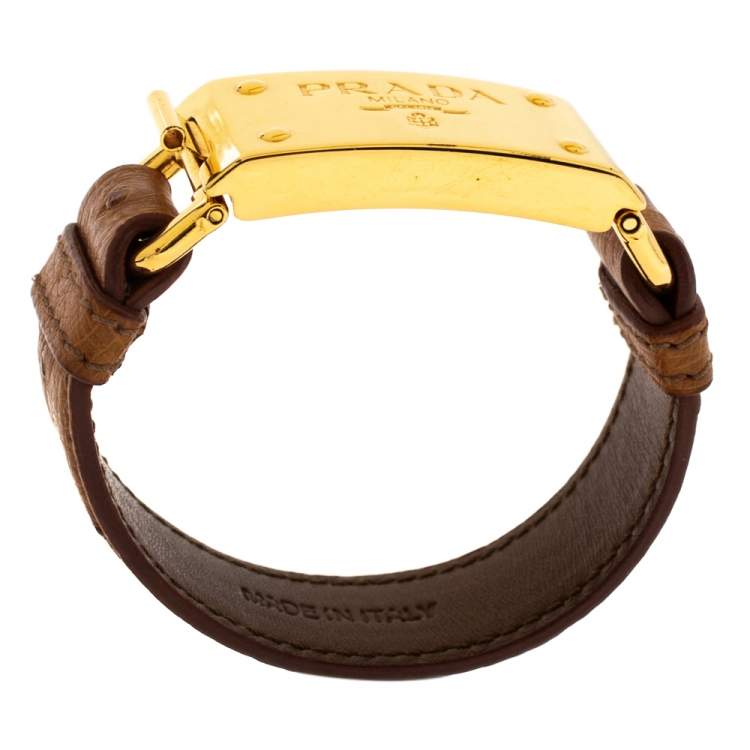 Pre Owned Prada Brown Ostrich Gold-Plated Bracelet 17CM
