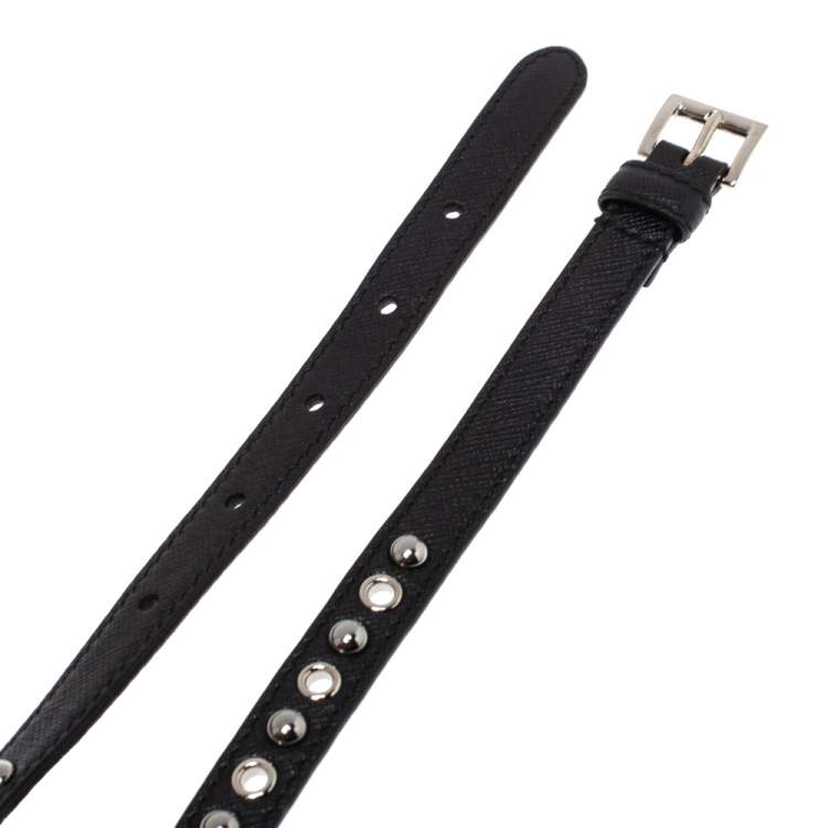 Pre Owned Prada Black Saffiano Lux Leather Studded Slim Belt 85CM