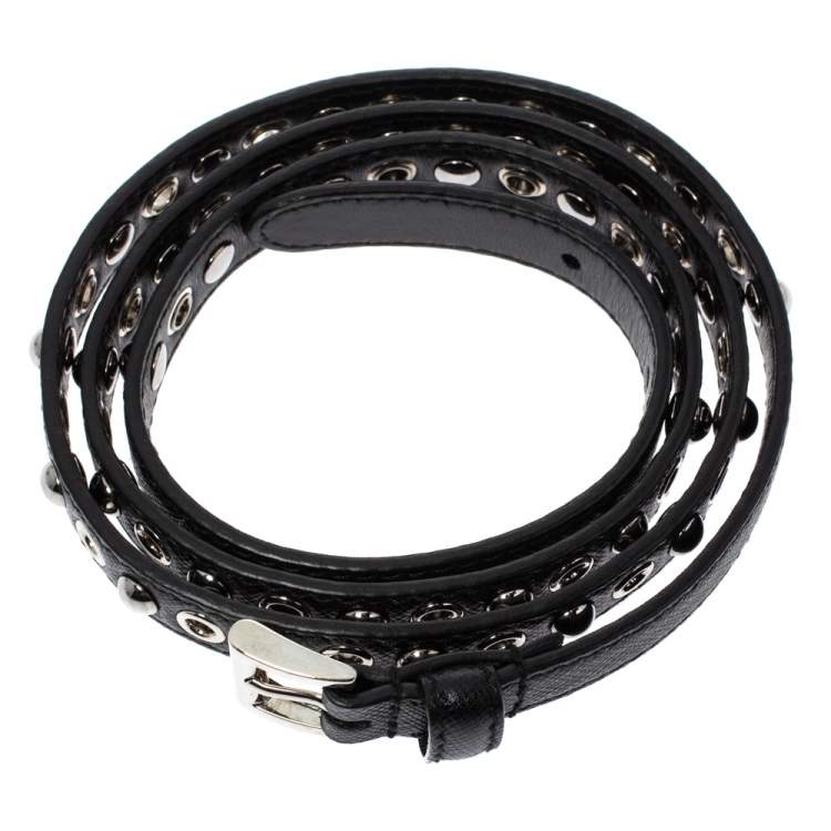 Pre Owned Prada Black Saffiano Lux Leather Studded Slim Belt 85CM