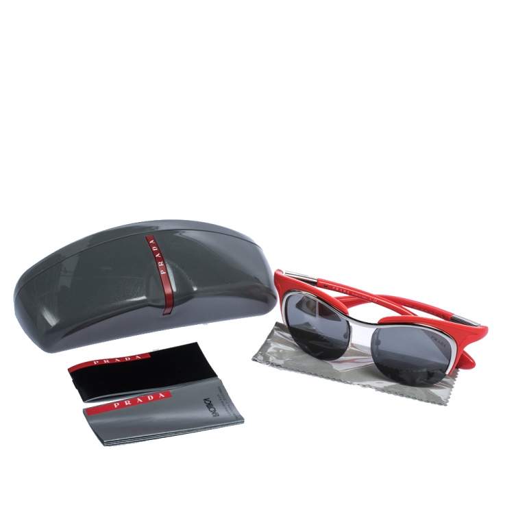 Pre Owned Prada Silver Tone & Coral/ Grey SPR 68O Cat Eye Sunglasses