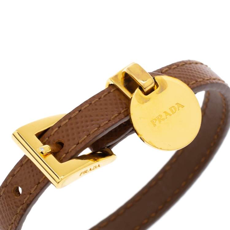 Pre Owned Prada Caramel Saffiano Leather Gold Tone Bracelet