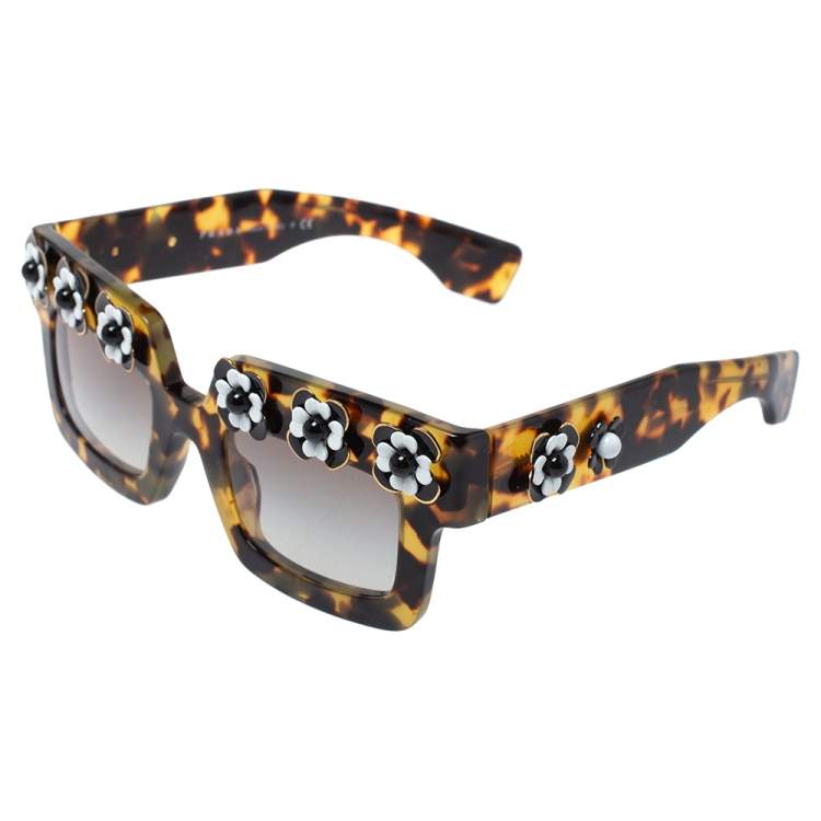 مملوكة مسبقًا  Prada Tortoise Shell / Grey Gradient SPR25P Flower Poeme Square Sunglasses