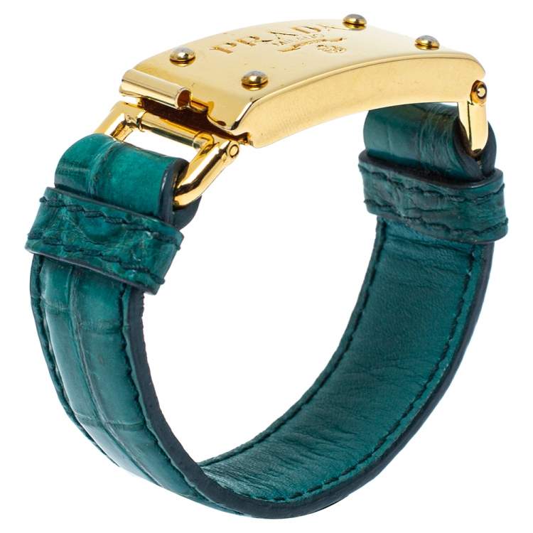 Pre Owned Prada Green Crocodile Leather Gold Tone Bracelet 