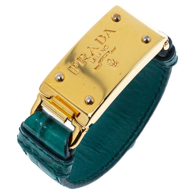 Pre Owned Prada Green Crocodile Leather Gold Tone Bracelet 