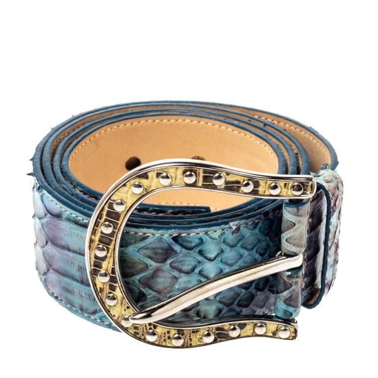 Pre Owned Prada Blue Python Buckle Belt Size 90CM