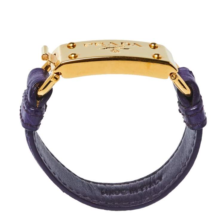 Pre Owned Prada Purple Ostrich Leather Gold Tone Bracelet 