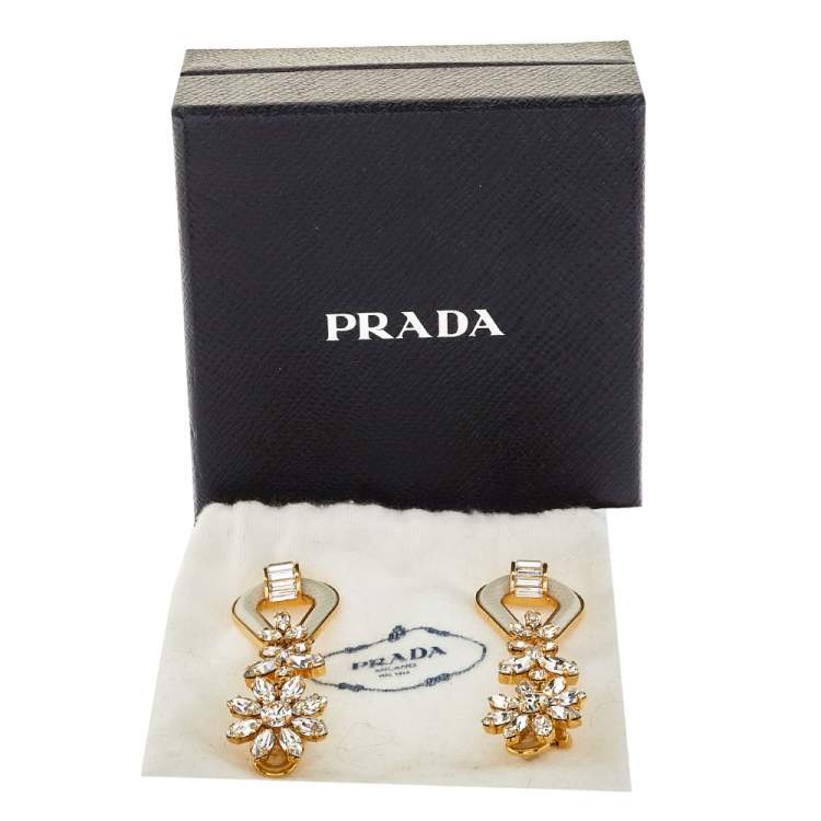 Pre Owned Prada Crystal & Leather Drop Clip On Earrings 