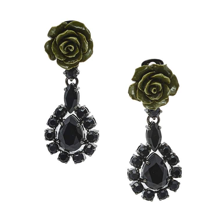 Pre Owned Prada Green Resin Rose Crystal Clip On Drop Earrings