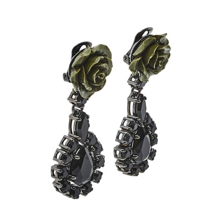 Pre Owned Prada Green Resin Rose Crystal Clip On Drop Earrings