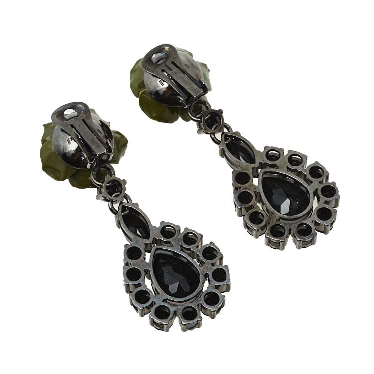 Pre Owned Prada Green Resin Rose Crystal Clip On Drop Earrings