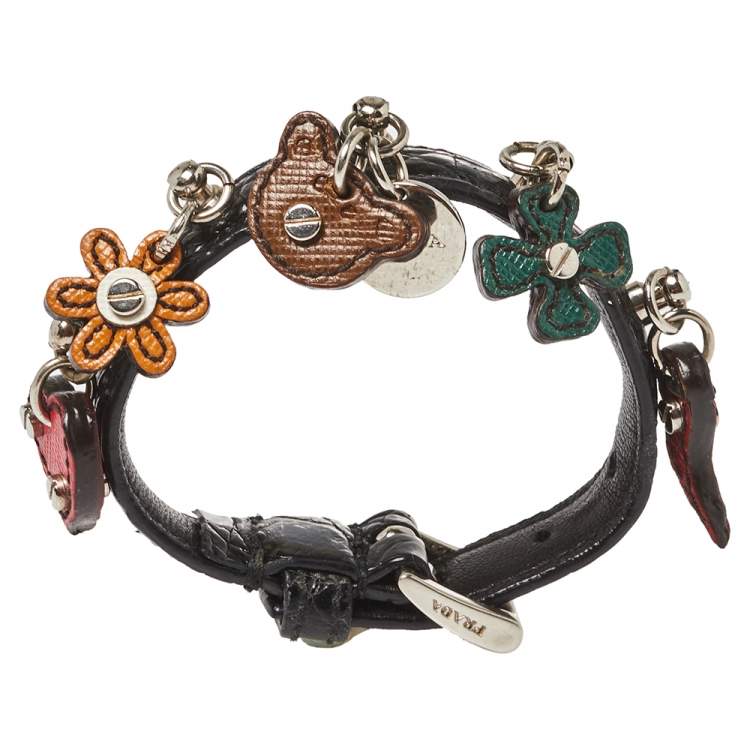 Pre Owned Prada Black Leather Charm Buckle Bracelet