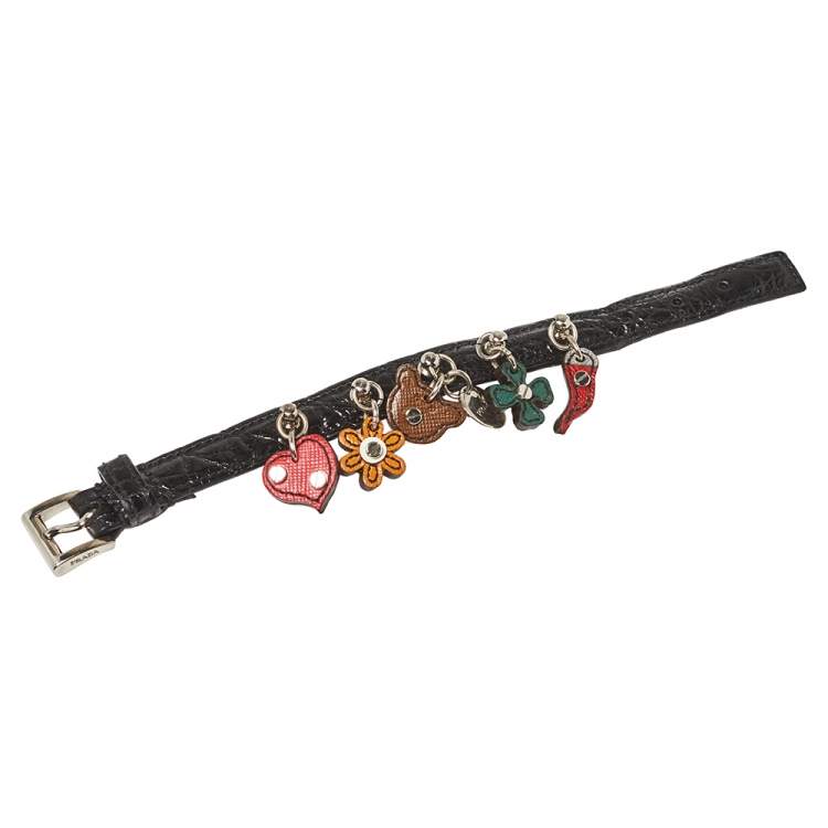 Pre Owned Prada Black Leather Charm Buckle Bracelet