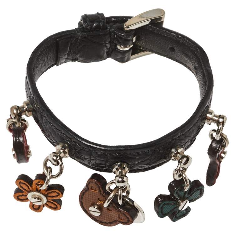 Pre Owned Prada Black Leather Charm Buckle Bracelet
