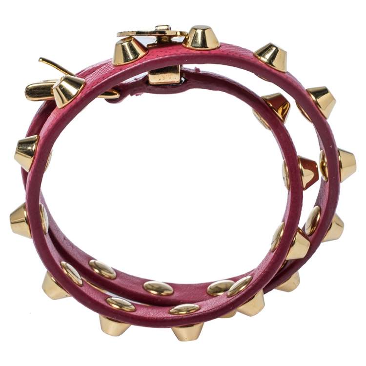 Pre Owned Prada Peonia Saffiano Leather Studded Gold Tone Double Wrap Bracelet M