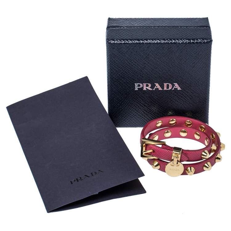 Pre Owned Prada Peonia Saffiano Leather Studded Gold Tone Double Wrap Bracelet M