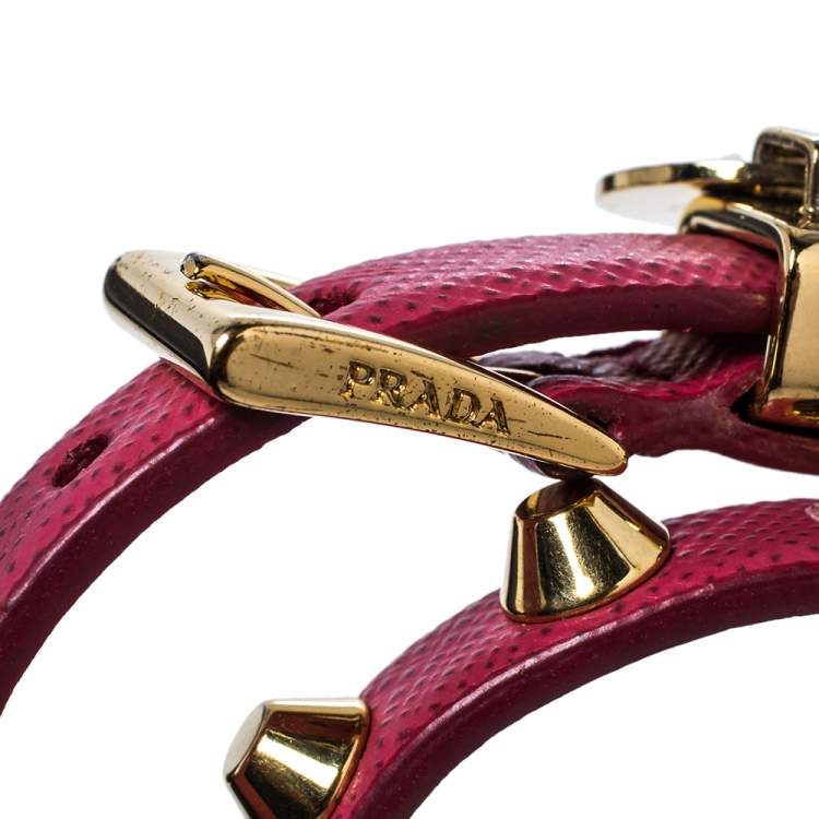 Pre Owned Prada Peonia Saffiano Leather Studded Gold Tone Double Wrap Bracelet M