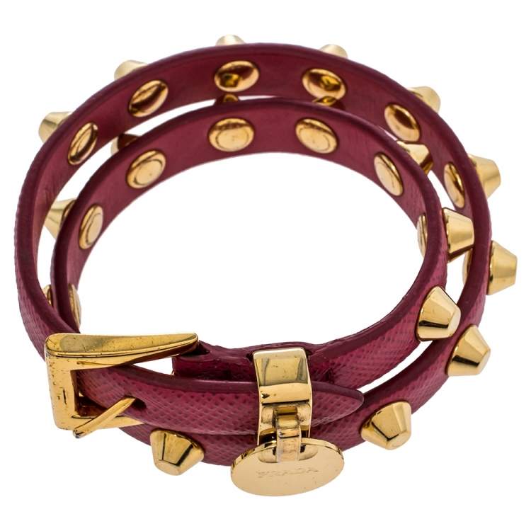 Pre Owned Prada Peonia Saffiano Leather Studded Gold Tone Double Wrap Bracelet M
