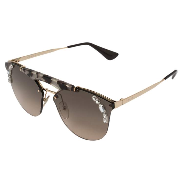 Pre Owned Prada Gold/Brown SPR 53U Clubmaster Sunglasses