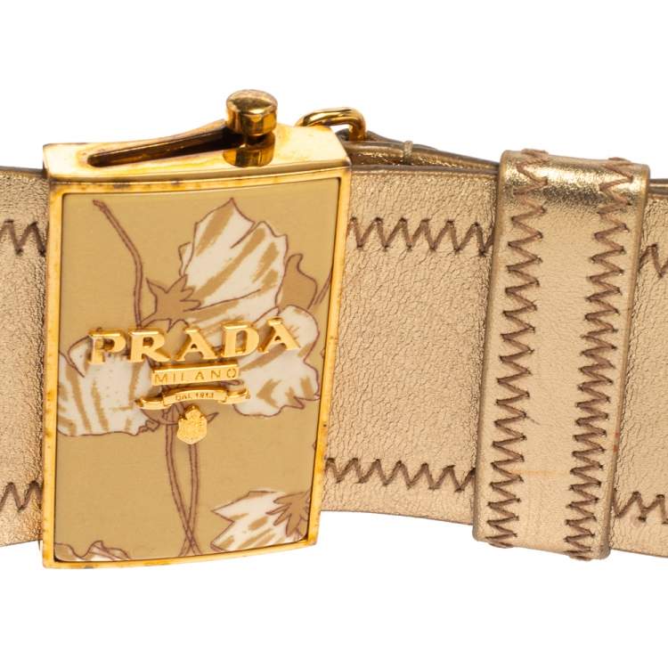 Pre Owned Prada Metallic Gold Leather Waist Belt 85 CM