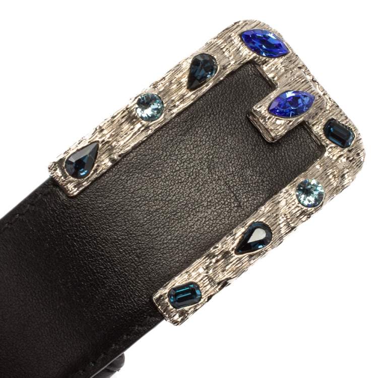 مملوكة مسبقًا Prada Black Leather Jeweled Embellished Buckle Belt 85CM