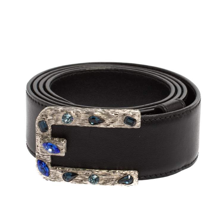 مملوكة مسبقًا Prada Black Leather Jeweled Embellished Buckle Belt 85CM