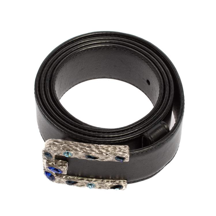 مملوكة مسبقًا Prada Black Leather Jeweled Embellished Buckle Belt 85CM