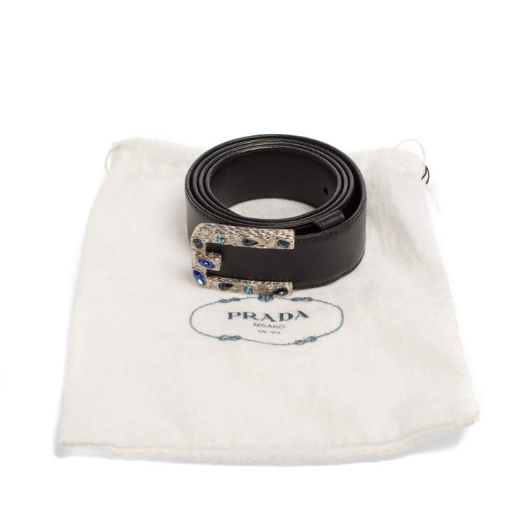 مملوكة مسبقًا Prada Black Leather Jeweled Embellished Buckle Belt 85CM