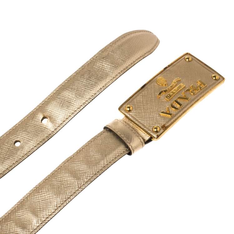 Pre Owned Prada Metallic Gold Saffiano Leather Logo Buckle Belt 85CM