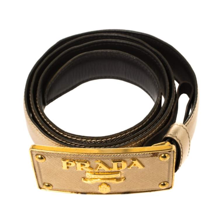 Pre Owned Prada Metallic Gold Saffiano Leather Logo Buckle Belt 85CM