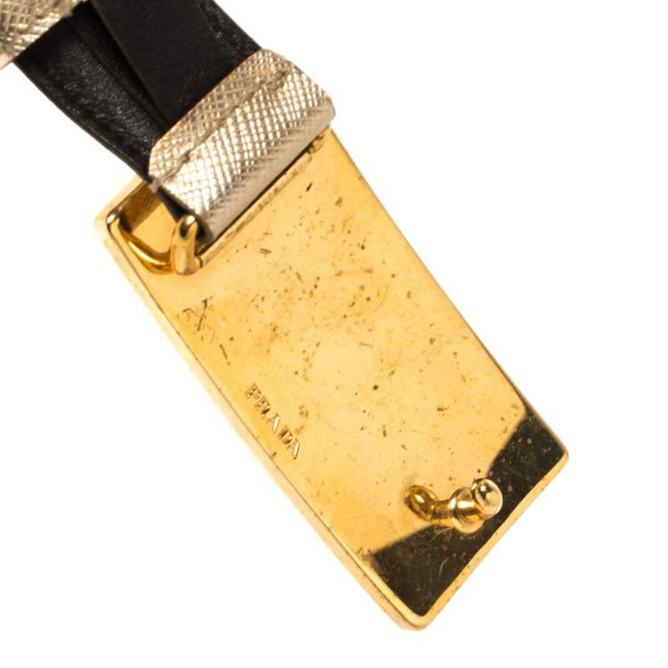 Pre Owned Prada Metallic Gold Saffiano Leather Logo Buckle Belt 85CM