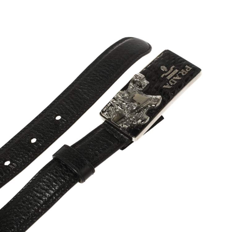 مملوكة مسبقًا Prada Black Pebbled Leather Cruise Ship Buckle Belt 85CM