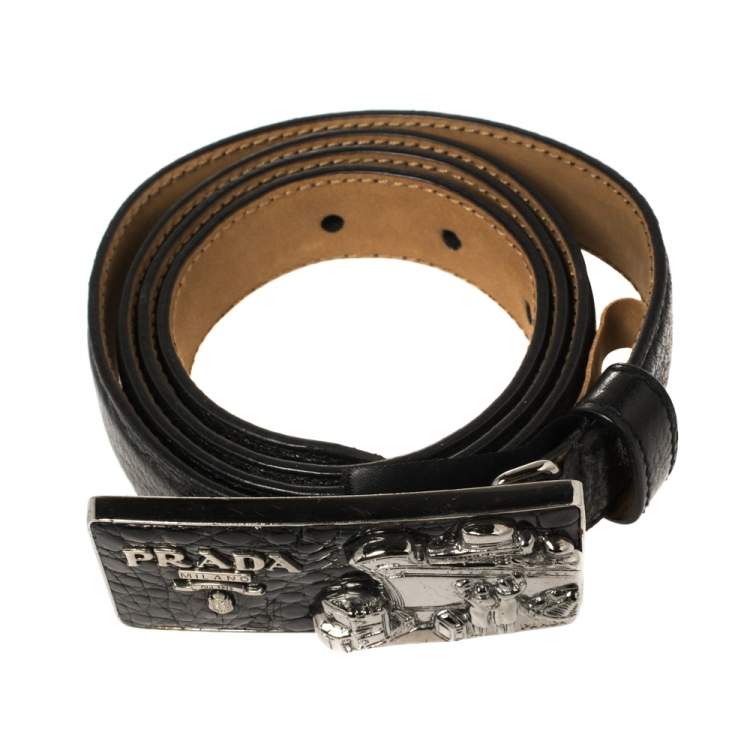 مملوكة مسبقًا Prada Black Pebbled Leather Cruise Ship Buckle Belt 85CM
